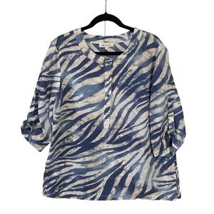 JM Collection Linen Women Top Blue Zebra Print 3/4 Sleeve Button Accent Size 14